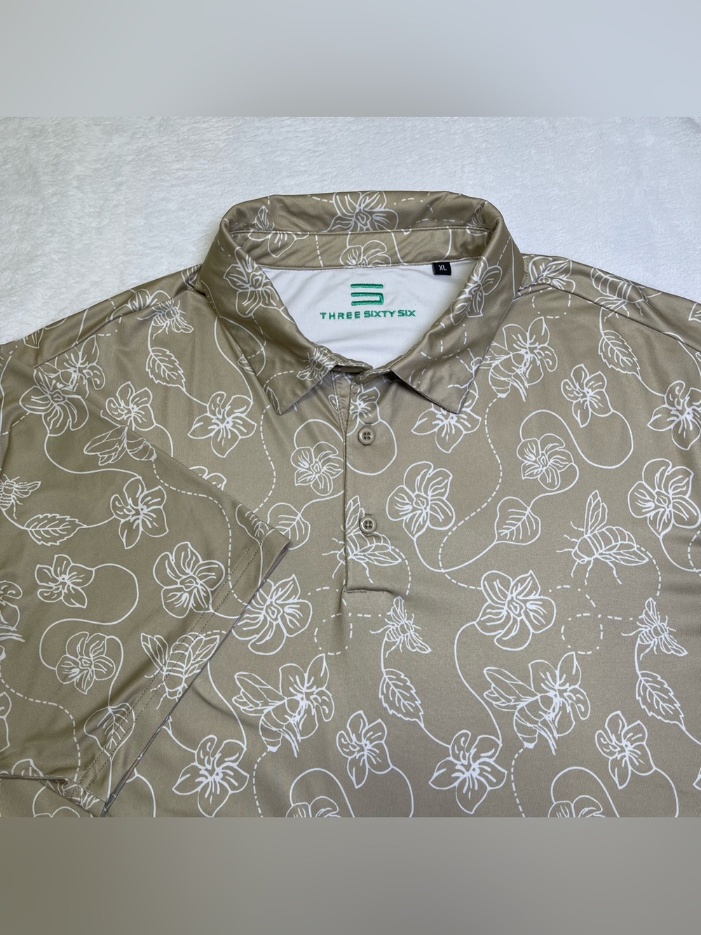 Three Sixty Six Men XL Golf Polo Shirt Tan Bee Floral Print Performance Stretch